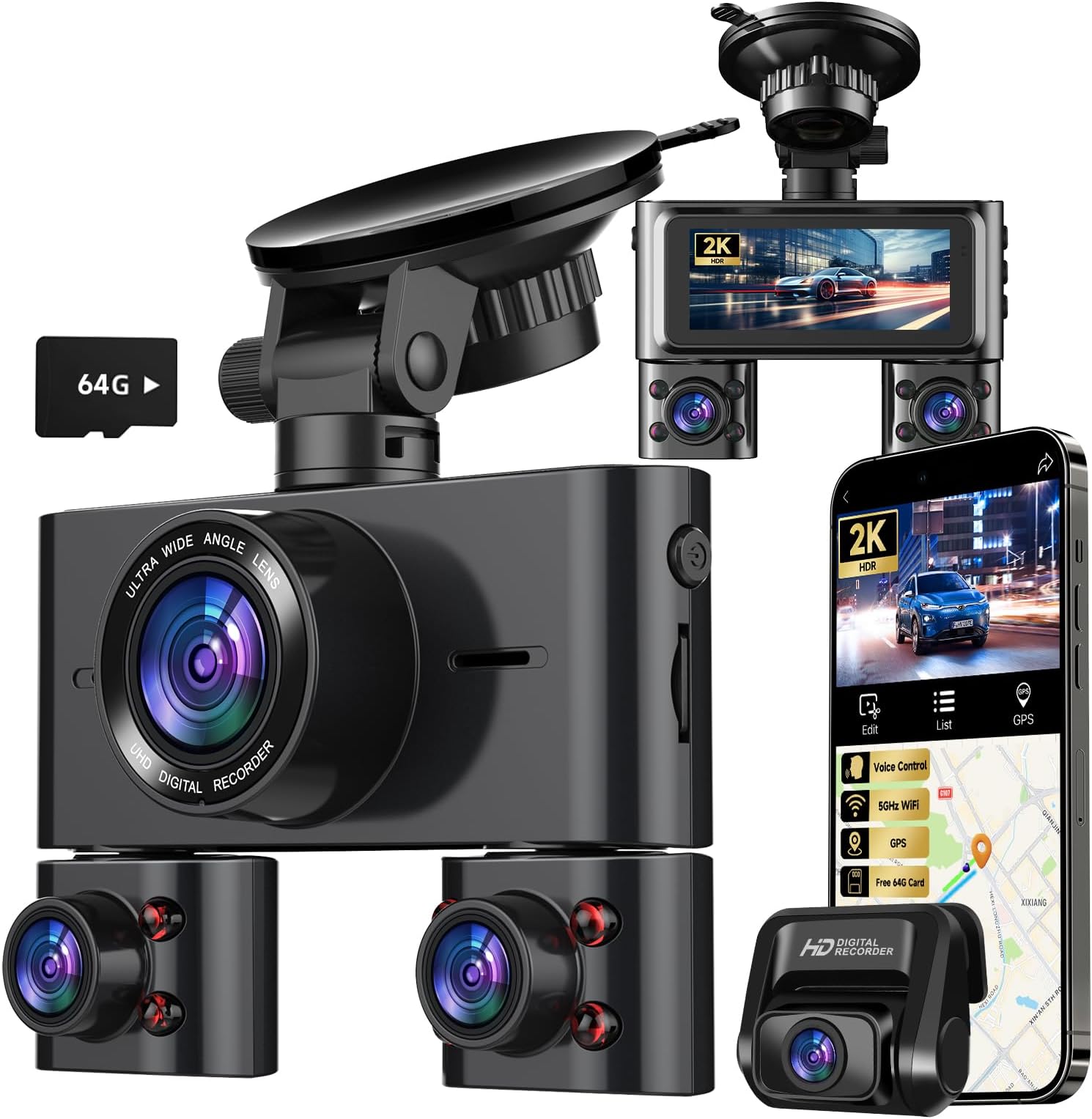 Dash Cam 360°, 4 Channel Camera for Cars Front and Rear Inside, 2K FHD Mini Dashcam, 5G WiFi, GPS, Free 64G Card, Voice Control, WDR, HDR, Night Vision, 24/7 Parking Mode(Upgraded Version V7PLUS)