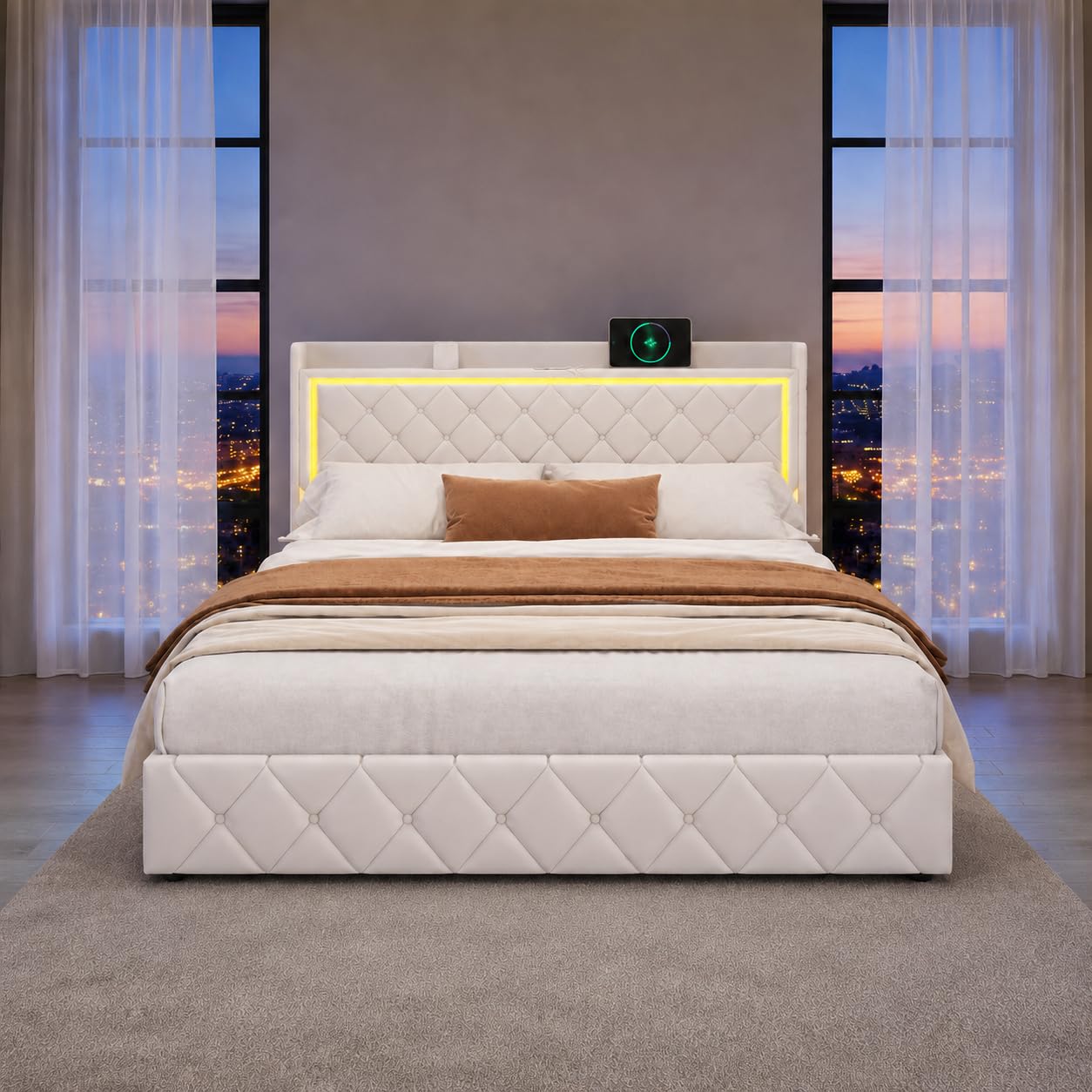 Cama Tapizada 140x190 con almacenaje,Cama Matrimoniales con 4 Cajones Cama Doble con Somier Cama Acolchada con USB y Luz LED Marco de Cama con Cabecero Cama Juvenil, Terciopelo Beige, Sin Colchón