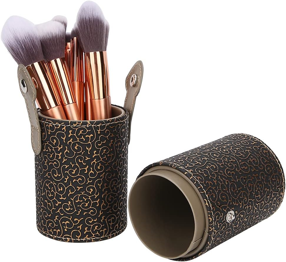 Yctze Portable Travel Cosmetic Container Tool - Makeup Brush Holder with Lid, PU Leather Cup Tube, Organizer for Makeup Tools and Accessories (Bronze dragon claw pattern small bucket)