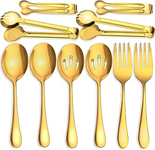 IAXSEE 10 PCS Stainless Steel Serving Utensils, Large Serving Spoons Slotted Spoons, Serving Forks, Serving Tongs, Ice Sug...