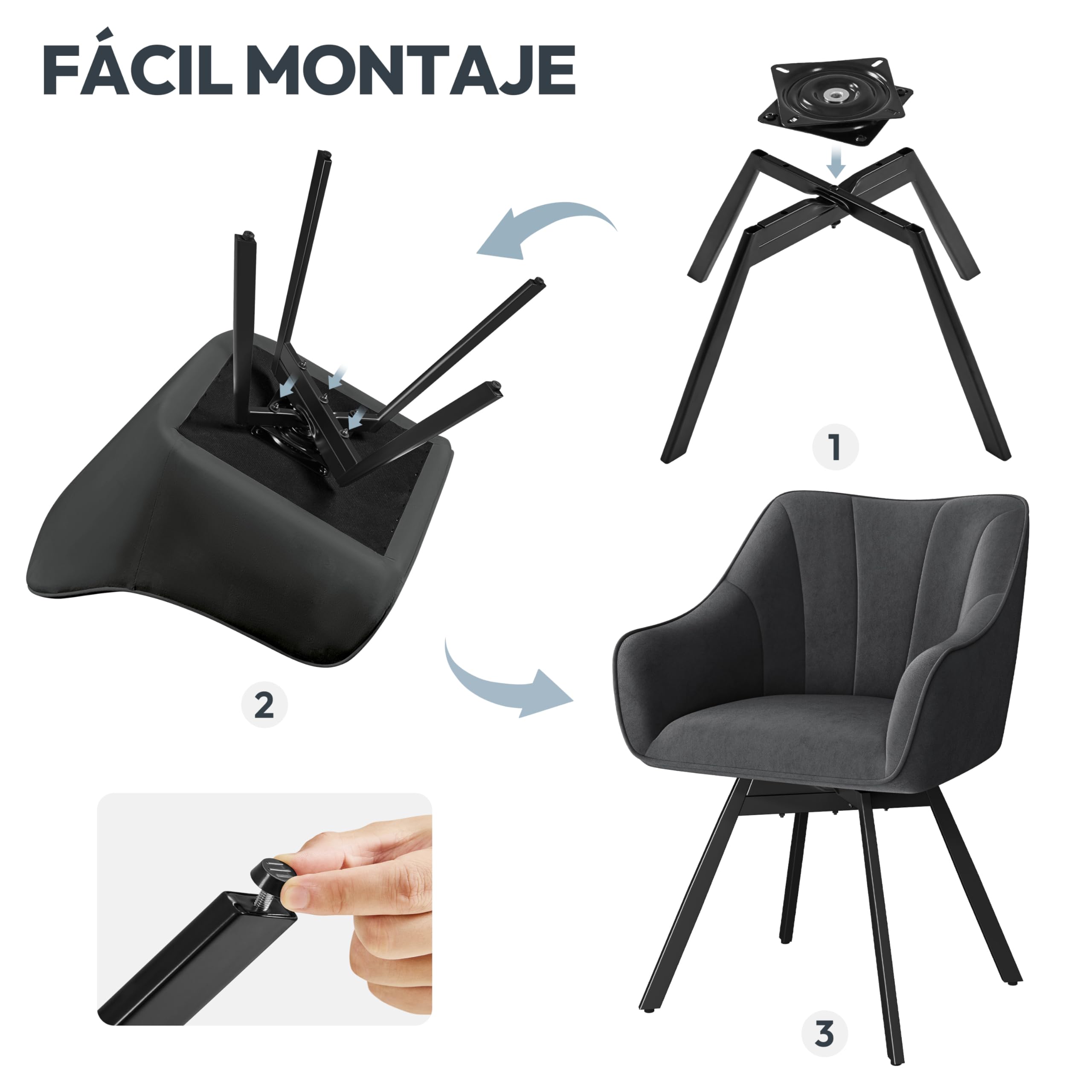 Yaheetech Silla de Comedor Giratoria con Reposabrazos Respaldo Sillón Auxiliar Moderno de Terciopelo con Patas Metálicas Asiento Giratorio para Cocina Salón (1, Gris Oscuro)