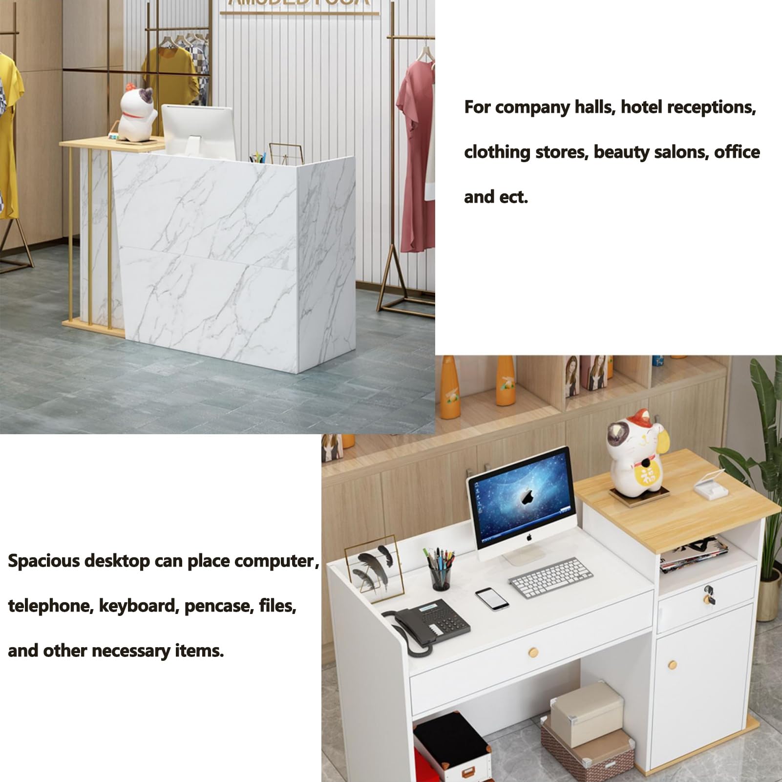 Empfangstheke Salon Kosmetikstudio 120cm Weiss Gold, Rezeptionstheke Hotel, Weiß Empfangsthek Verkaufstheke Fachmann Theke BüRo Rezeption, Laden, BekleidungsgeschäFten, Firmenhallen, Laden-Theke