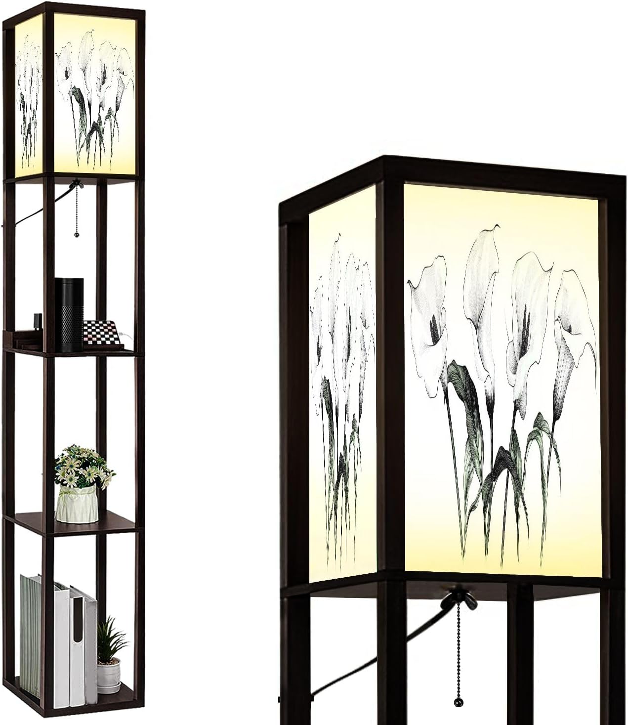Floor Lamp with Shelves Lilies Calla Set Sketch Hand Drawn Doodle Style Standing Tall Lamp USB Ports & Power Outlet Modern Corner Lamp Nightstand Light for Living Room Bedroom