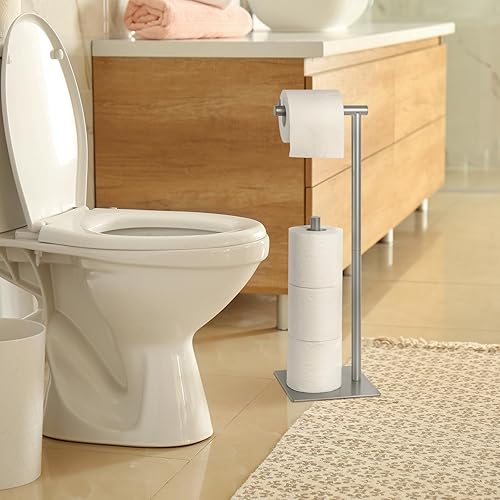 Miniatura 3 de Soporte de papel higiénico plateado para baño, soporte de papel higiénico independiente con estante de almacenamiento de papel higiénico de reserva,