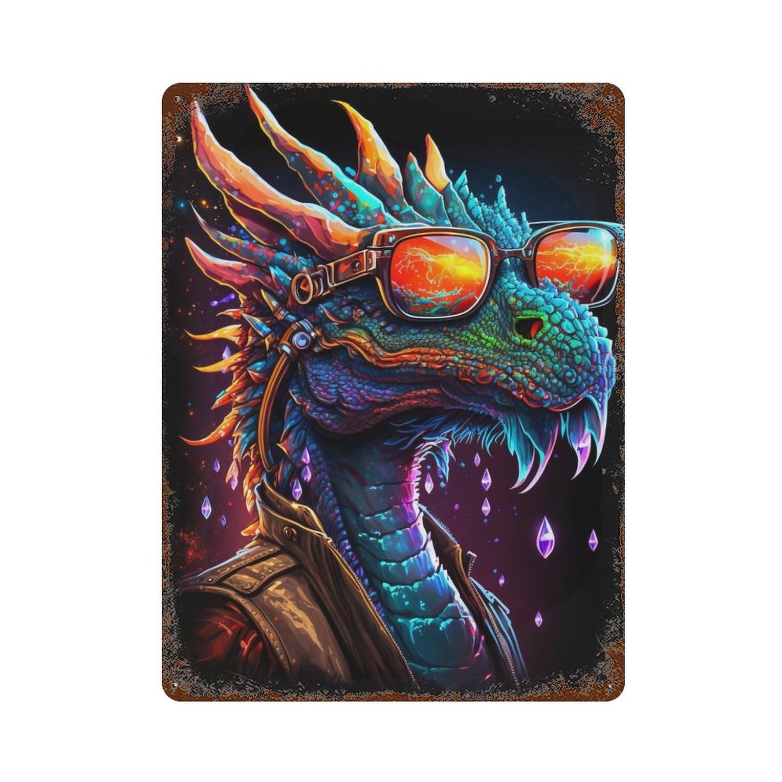 Weathered Tin Sign Dragon Sunglasses Fantasy Artwork 15.7"x11.8", Rustic Home Decor for Basement, Hobby Room And Garage Decor