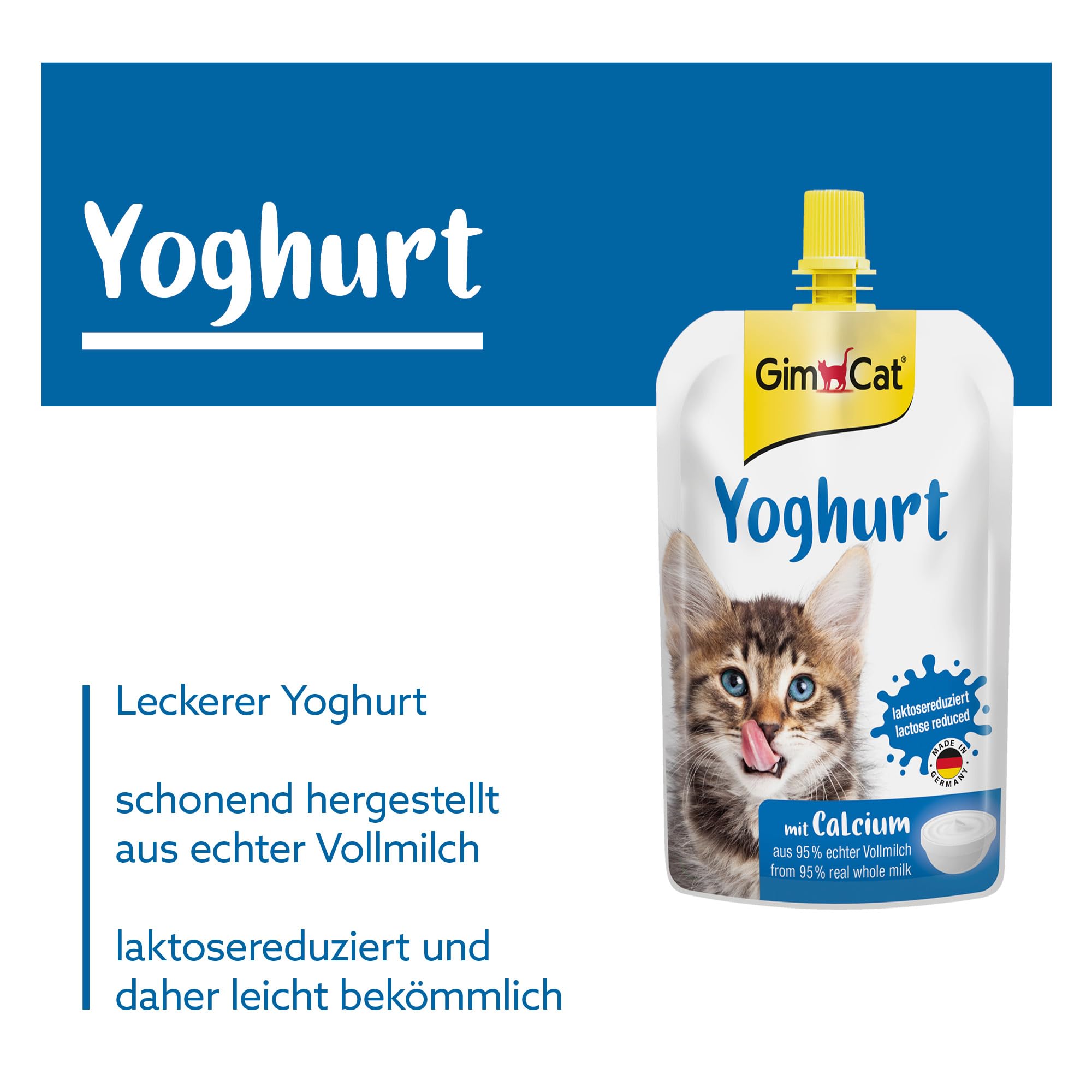 GimCat Yoghurt - Przysmak dla kotów o obniżonej zawartości laktozy, przygotowany z pełnego mleka z dodatkiem wapnia z myślą o zdrowiu kości - 1 worek (1 × 150 g)