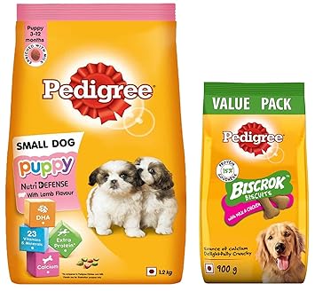 Pedigree Puppy Small Dog Dry Food, Lamb & Milk Flavour ? 1.2 Kg Pack & Pedigree All Life Stages Biscrok Biscuits (Above 4 Months), Milk and Chicken Flavor, 900g Pack