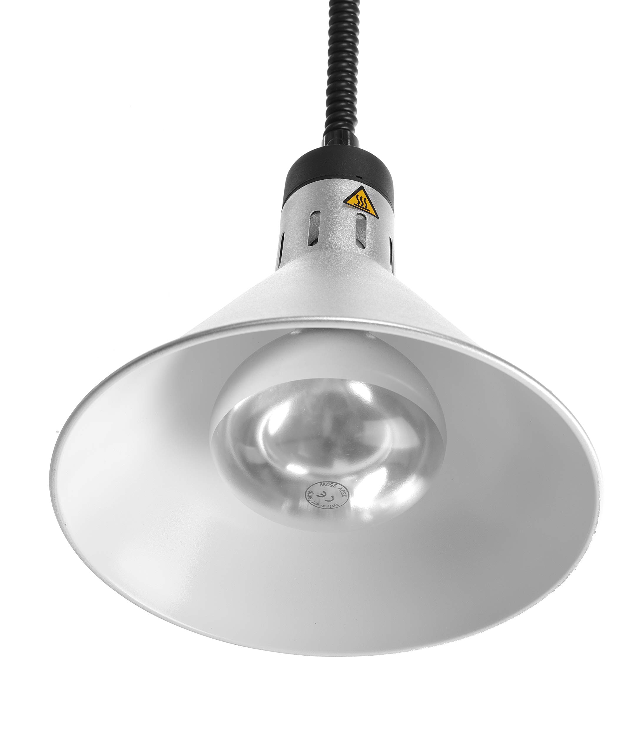 HENDI Lampe chauffante suspendue réglable en hauteur, conique, lampe thermique infrarouge pour cuisine et maintien des aliments au chaud, 230V, 250W, Ø275x(H)250mm, aluminium argenté
