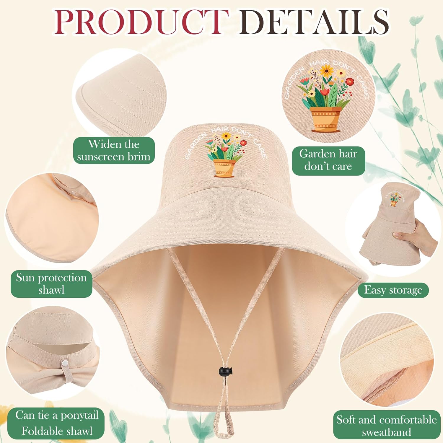 Garden Hats for Women Gardener Gifts Sun Protection Wide Brim Embroidered Hat with Neck Flap for Christmas Birthday - Image 3