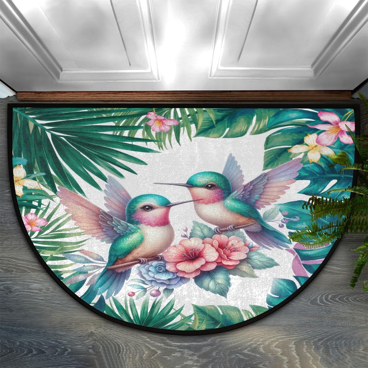 Half Round Doormat Tropical Palm Leaf Bird Washable Semi Circle Mat Non Slip Absorbent Half Moon Rugs for Indoor Outdoor Entrance Kitchen Bathroom Bedroom Patio Fireplace Floor Carpet Decor