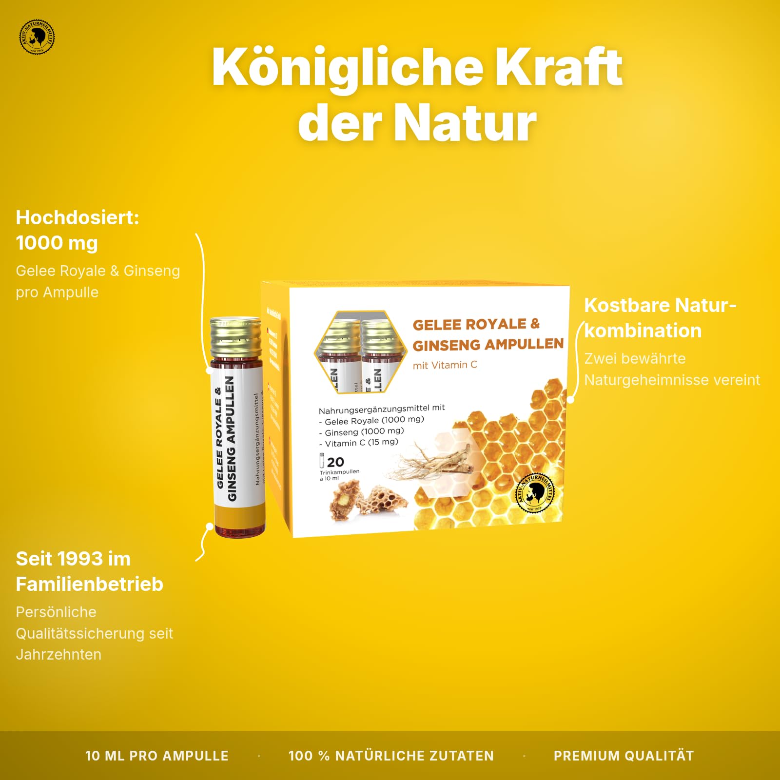AKTIV NATURHEILMITTEL Gelee Royale & Ginseng Trinkampullen, 20 Stück | je 1000mg Gelee Royale, 1000mg Ginseng (Panax), mit Vitamin C, Familienunternehmen seit 1993
