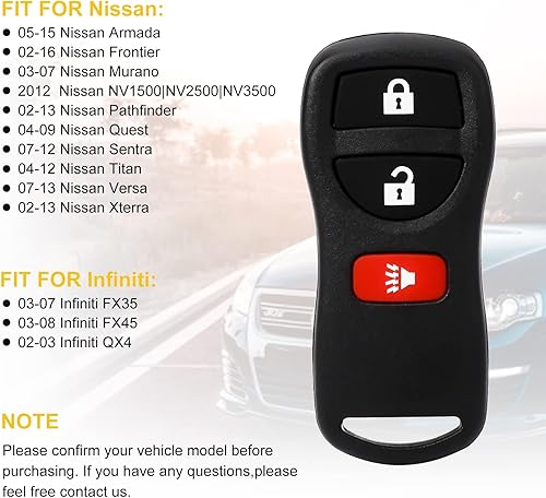 Miniatura 7 de Control remoto de entrada sin llave: llavero de coche compatible con Infiniti Nissan Armada Frontier Murano Pathfinder Quest Sentra Titan Versa