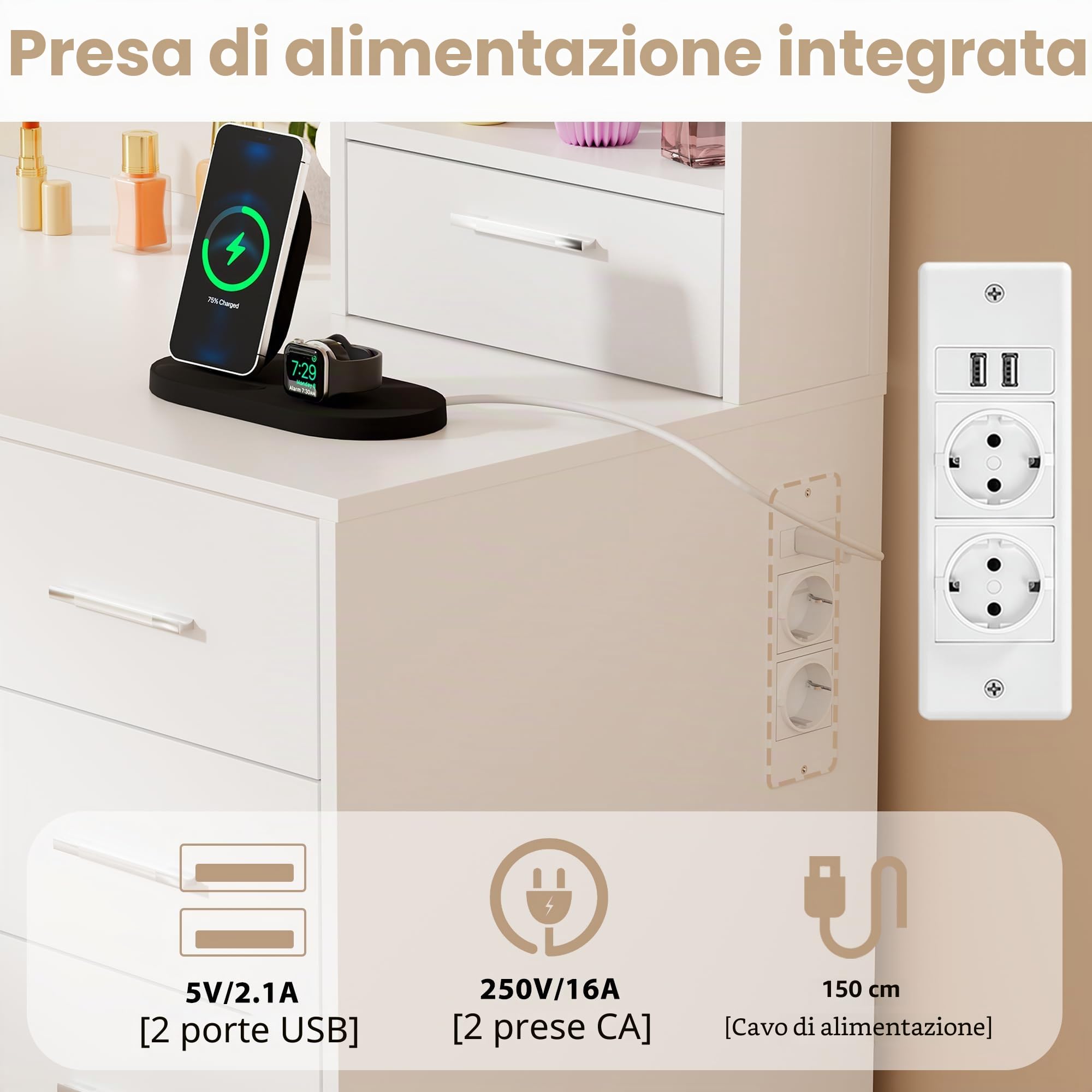 BEWISHOME Toeletta Trucco con Specchio e luci LED,luminosità Regolabile,Tavolo da Trucco con Presa,Sgabello,7 Cassetti e 3 Ripiani Aperti,Moderno Bianco Postazione Trucco per Camera da Letto EFST51W