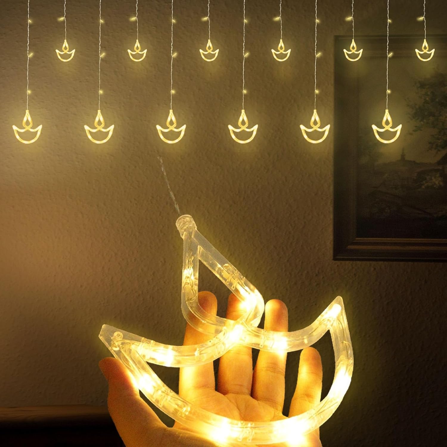 Diwali Decorations Items, Diwali Lights, 12 Warm White Diya Curtain Decoration Lights, Happy Diwali Decorations for Indoor Outdoor, Diyas for Decor (Diwali String Lights 1)