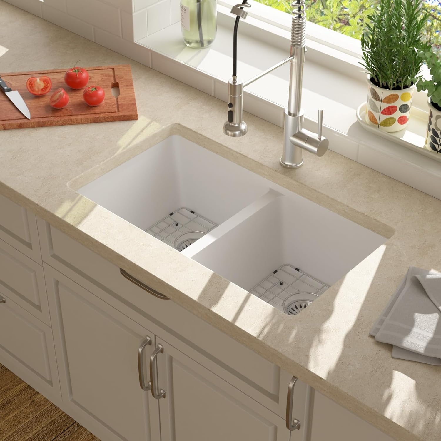 Lordear 33 Granite Composite Kitchen Sink 33x19 Inch White Undermount Sink Double Bowl 50/50 Granite Composite Under/Over Counter White Kitchen Sink