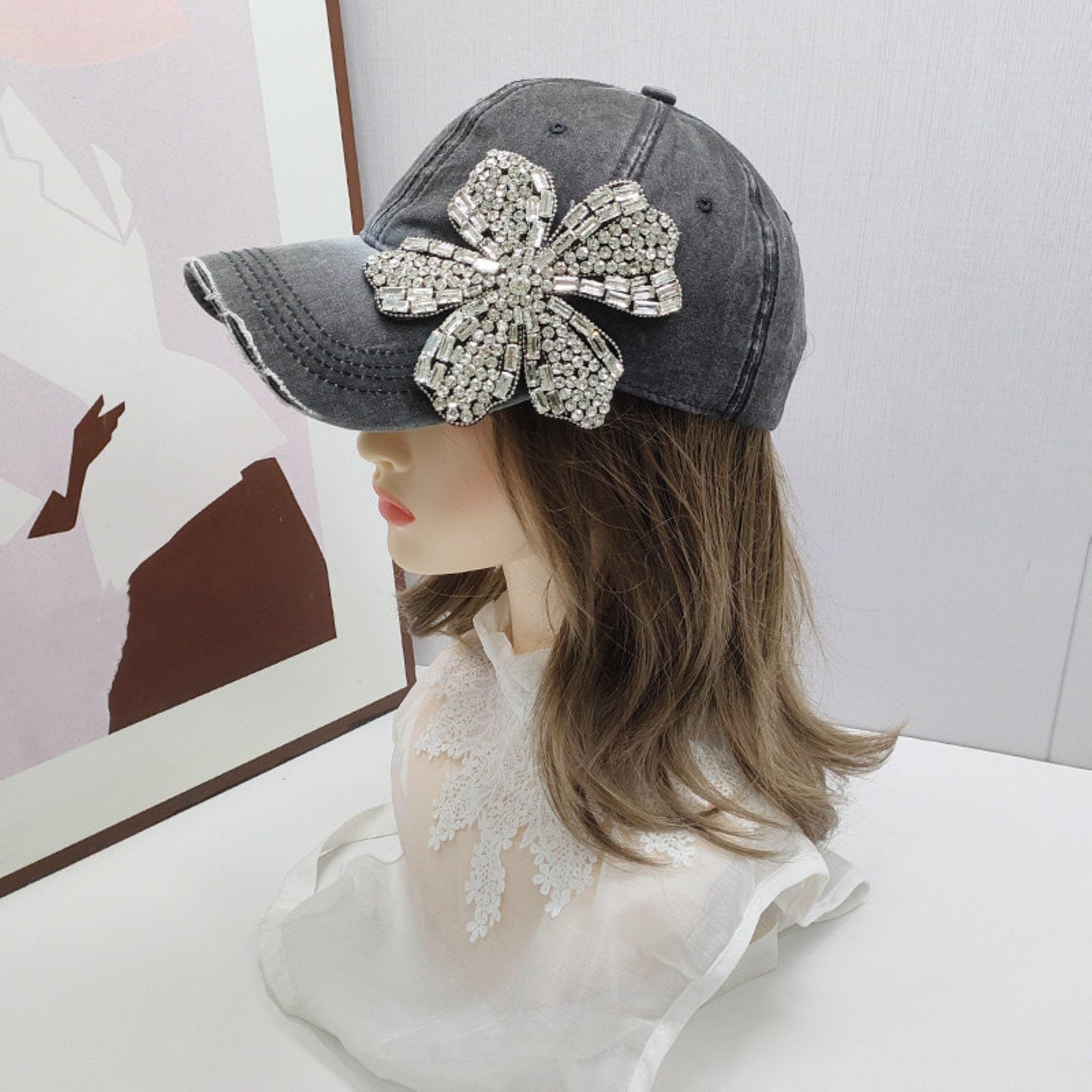 Cappellino Da Baseball Da Donna in Denim Lucido Con Strass Vintage Effetto Invecchiato Con Fiori Scintillanti Regolabile Modello Trucker