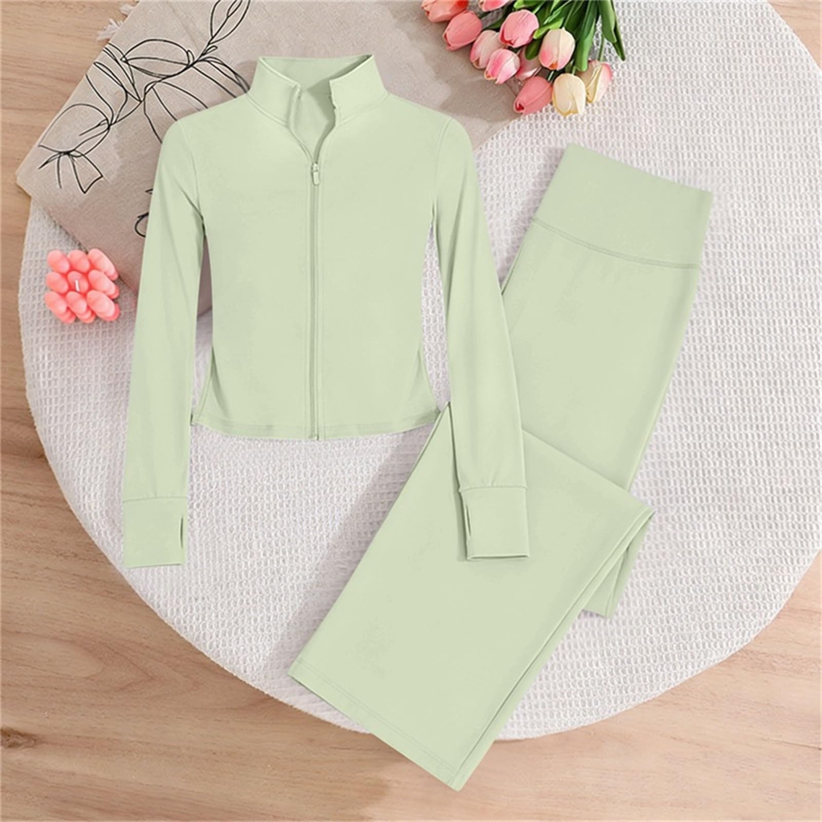 Yoga Bekleidungssets für Mädchen Modisch Sportanzug Set Langarm Jogginganzug mit Reißverschluss Daumenloch Kinder Sommer Outfit Sport Jacke mit Schlaghose Atmungsaktive Kleidung für Laufen, Fitness