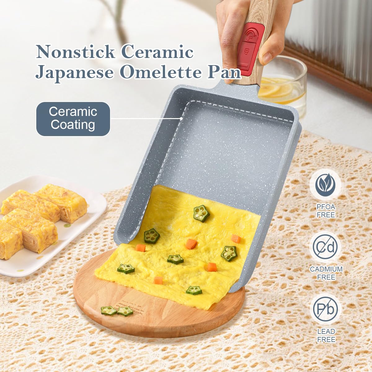 Sartén antiadherente de cerámica para tamagoyaki, sartén japonesa para tortilla, huevo con mango desmontable, apto para horno, 7.48 x 6.8 pulgadas (azul) 2