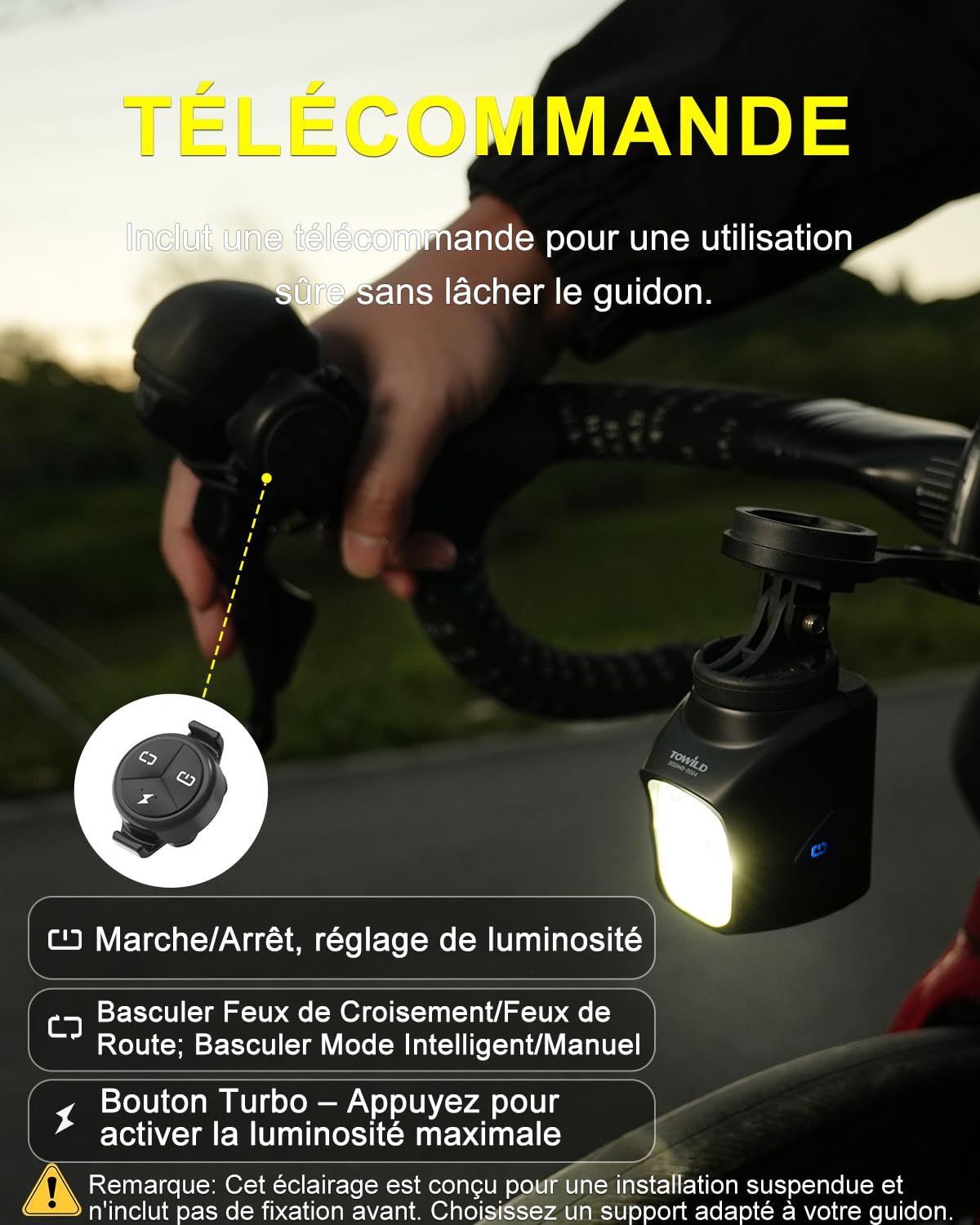 TOWILD DL1700 Lumiere Velo avec Télécommande, Lampe de Vélo 1700 Lumens avec Double Source Lumineuse avec Feux de Route et Croisement, éclairage Avant Vélo Rechargeable 4000mAh Phare Avant VTT