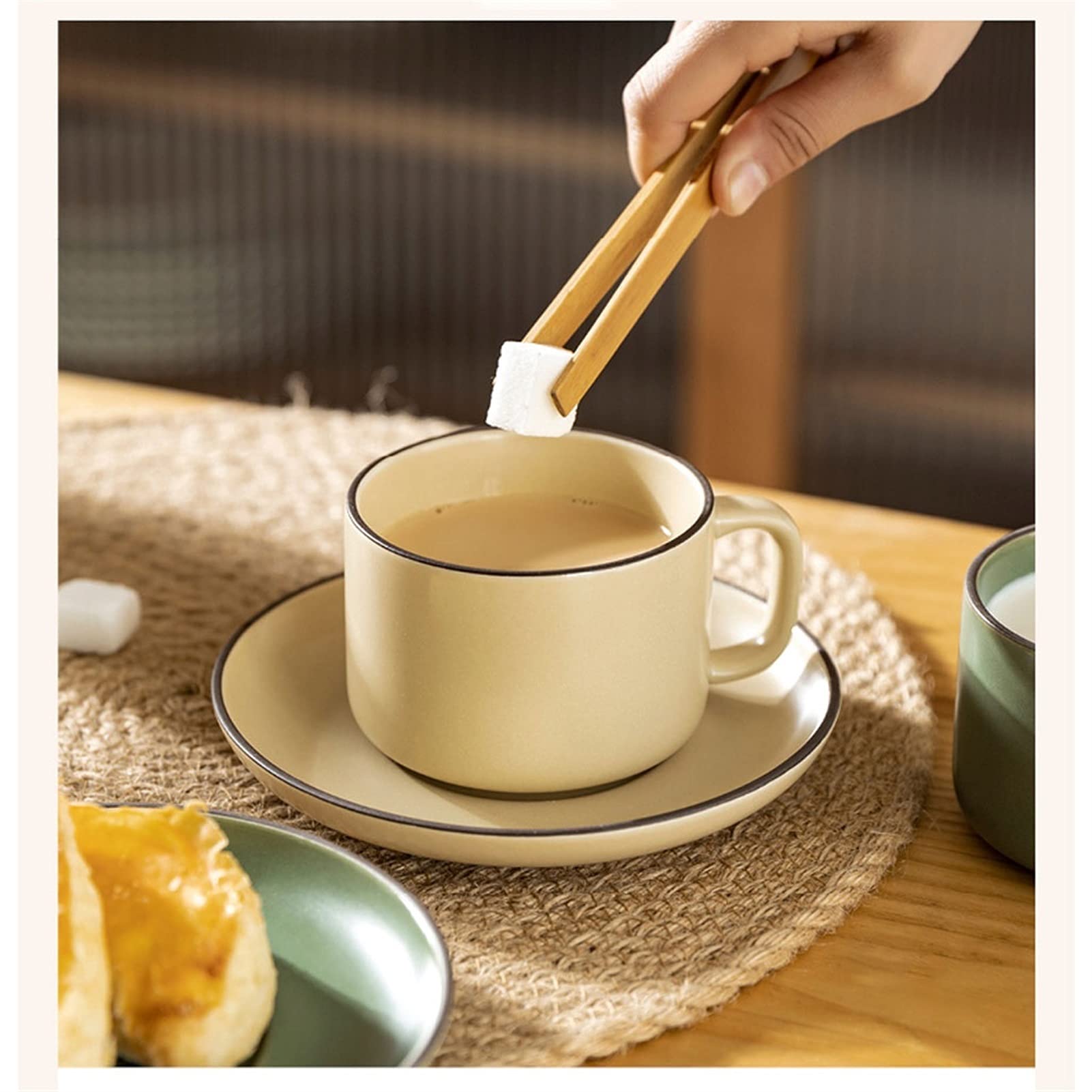 Taza de té de porcelana con asa, juego de 17 onzas, apta para microondas y lavavajillas, taza ancha (A) (B)