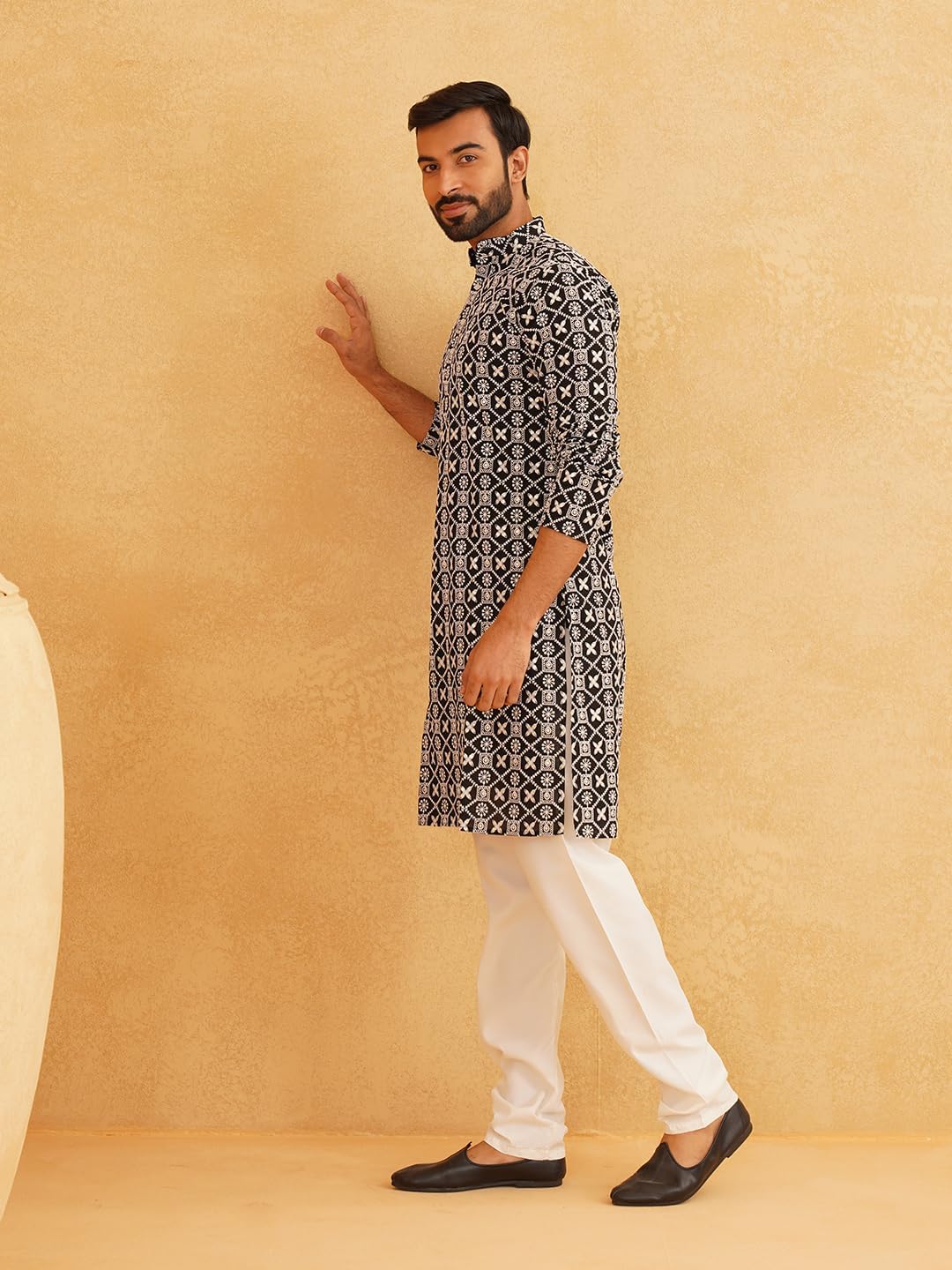 Sojanya (Since 1958 Men'S Cotton Gold Sequence Embroidered Kurta With White Churidaar Pyjama - Image 2