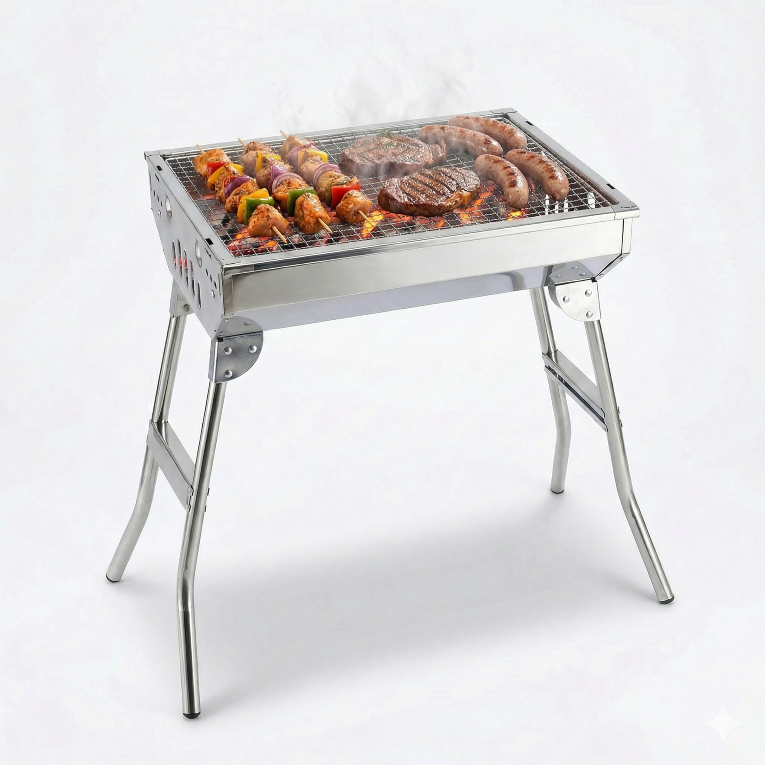 Stainless Steel Portable Charcoal BBQ Grill with Stand, Large Folding Barbecue Grill For Skewers, Burgers & Steaks, Heavy Duty Steel BBQ For Camping, Picnic, Backyard (33x70x73 cm) — view 8