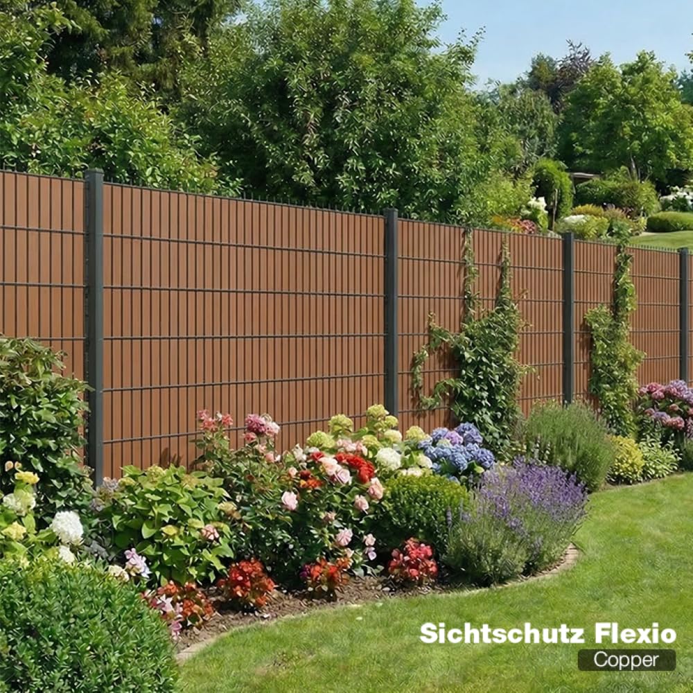 wodewa FLEXIO Sichtschutz Copper 1630mm | vertikale Kunststoff Sichtschutzstreifen für Doppelstabmattenzaun | 11 Streifen + 12 Clips Bautyp 6/5/6 und 8/6/8 | Wetterfest | Made in Germany
