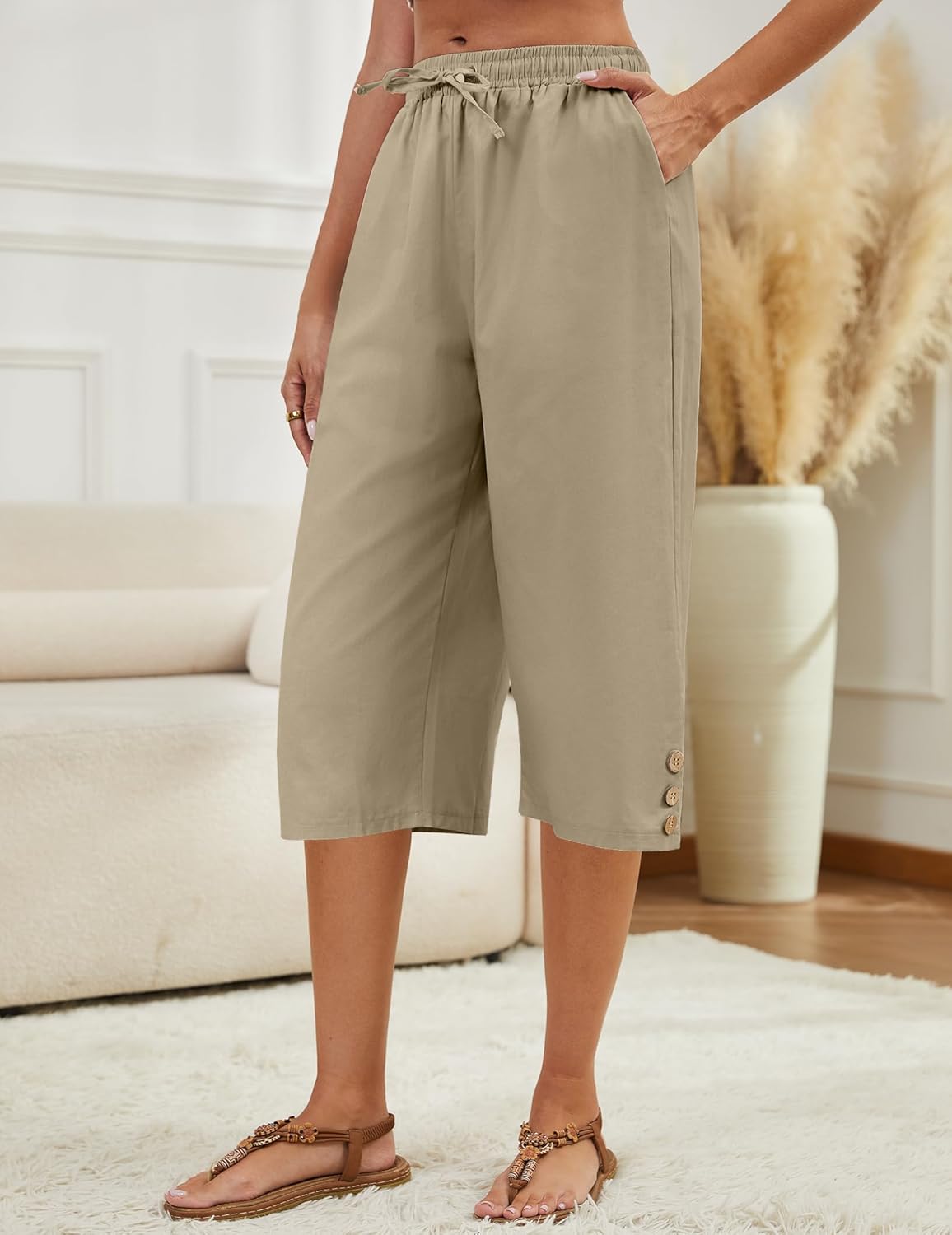 Womens Capris Pants High Waist Drawstring Comfy Casual Lightweight Loose Trousers Buttons Trim with Pockets - Image 6