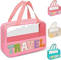 Vista 18 de izuzta Bolsas de maquillaje transparentes con letras de chenilla tipo tote, bolsa de maquillaje preppy con asa, Moda