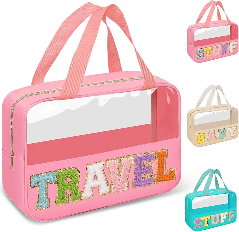 Necessaire transparente izuzta para viagem com letras em chenille, zíper e 2 alças, TRAVEL-Pink