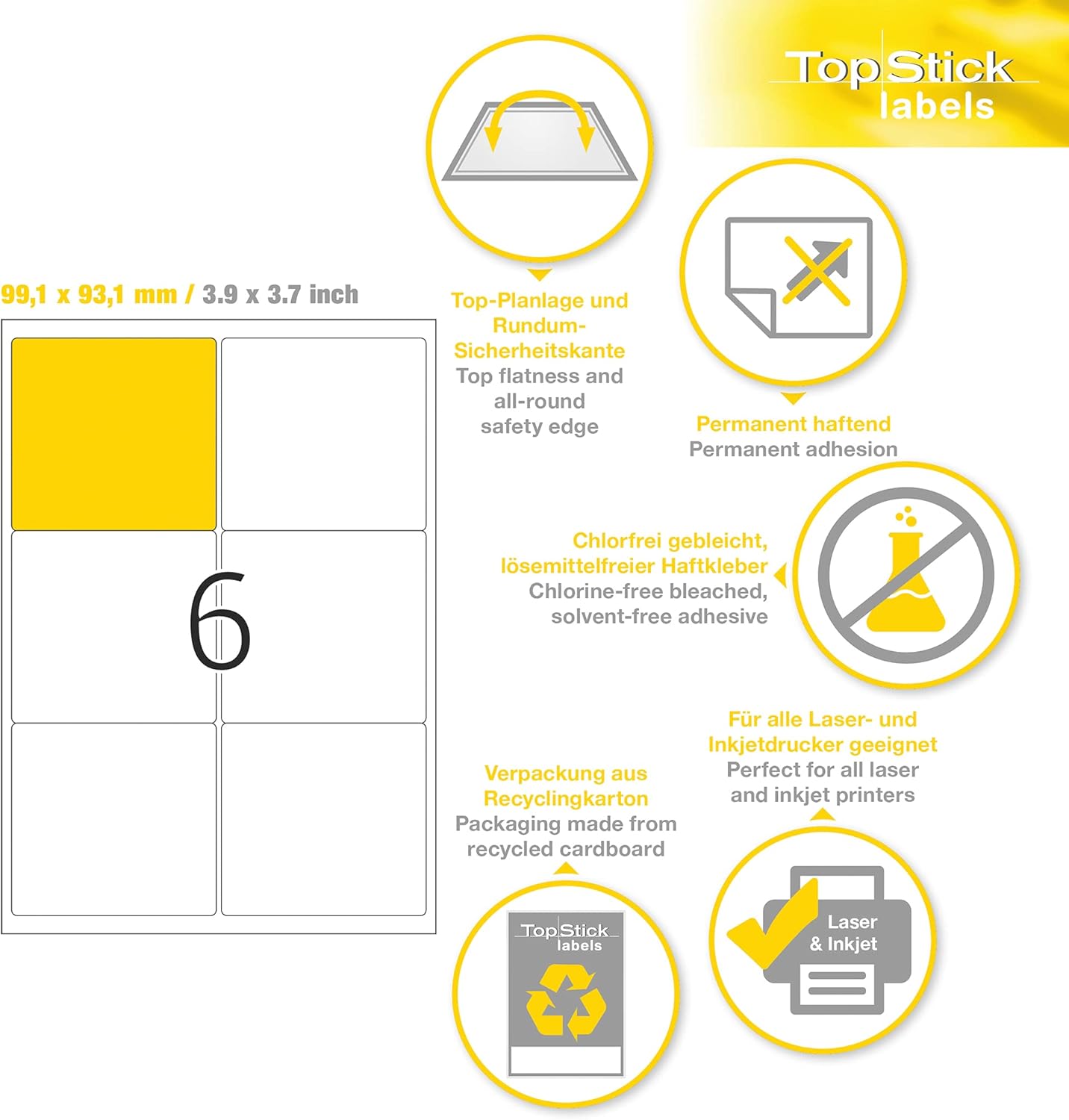 TopStick 8776 Parcel Shipping Paper Labels, 6 Labels Per A4 Sheet, 99.1 x 93.1 mm, 600 Labels, Self Adhesive, Stickers for Laser and Inkjet Printers, White