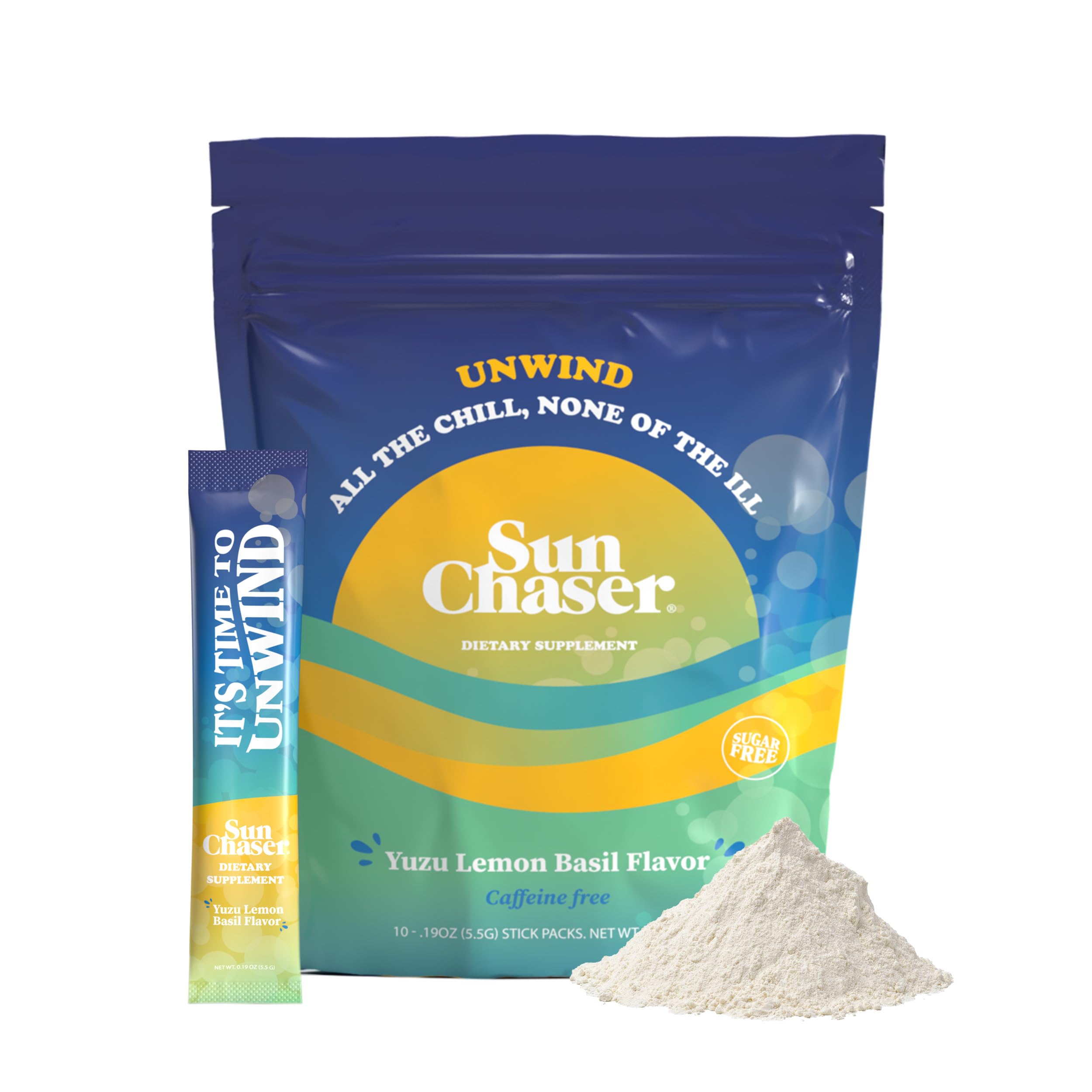 Sun Chaser Unwind Blend Alcohol-Free Drink Mix for Relaxation and Mild Stress-Relief Mocktail Sugar-Free Vegan Gluten Free (Yuzu Lemon Basil 10 x 0.19 oz Stick Packs)