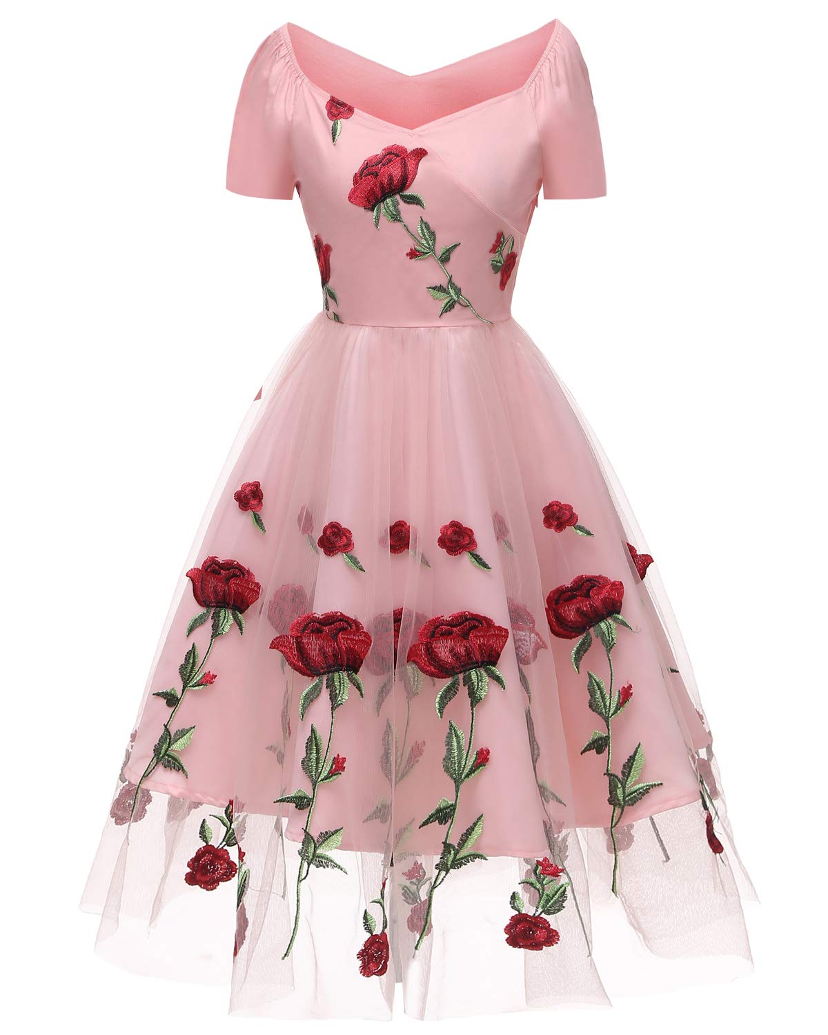 Womens Vintage Style Rose Embroidered 1950s Rockabilly Evening