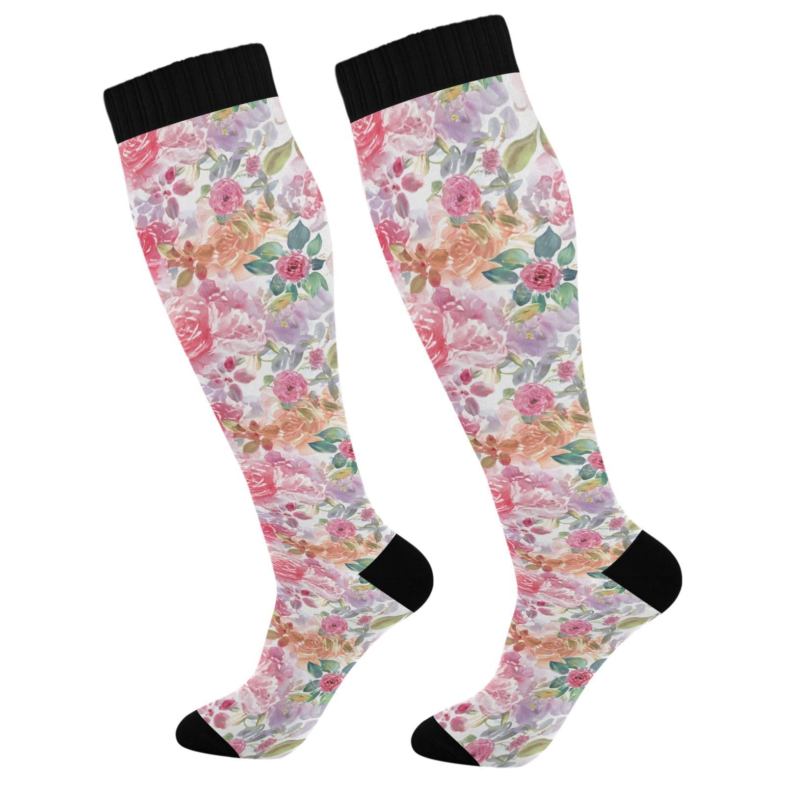 Wassud Watercolor Floral Compression Socks for Women and Men 20-30 mmHg Knee High Socks for Nurses Travel Socks 2 Pair