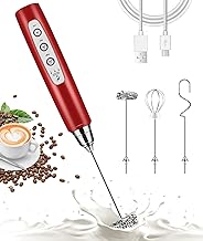 Nahida Rechargeable Milk Frother Handheld with 3 Heads,Coffee Electric Stirrer Whisk Foam Mixer, Mini Hand Blender with 3 Speeds Adjustable for Latte, Cappuccino, Hot Chocolate, Egg (Red)
