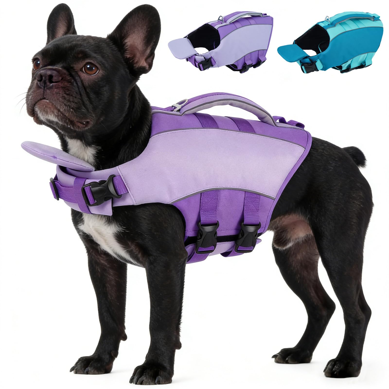 Kuoser Schwimmweste Hund, Hunde Schwimmweste mit Rettungsgriff und Reflektierend, Rettungsweste Hund mit guter Auftriebskraft, Hundeschwimmweste Leicht und geeignet für Mittelgroße Hunde, Lila, M