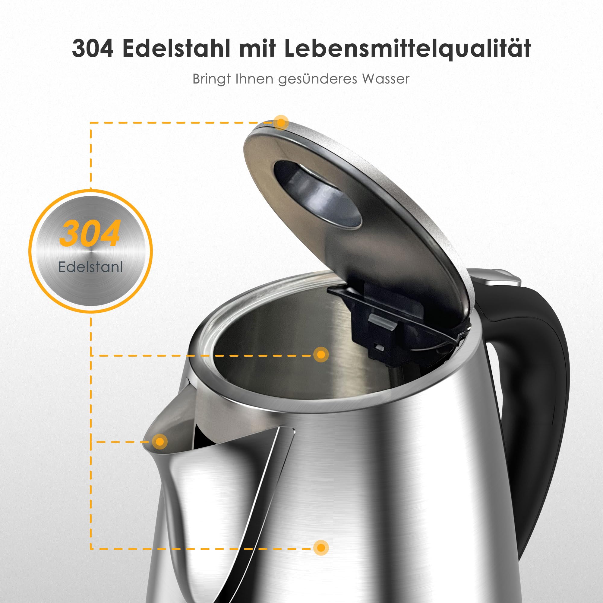 KitchenBoss Bollitore Elettrico in Acciaio Inox 1,7 L：Bollitore Elettrico 2100W, con Filtro Rimovibile, Indicatore del Livello dell'Acqua, Base Rotante a 360°, Spegnimento Automatico