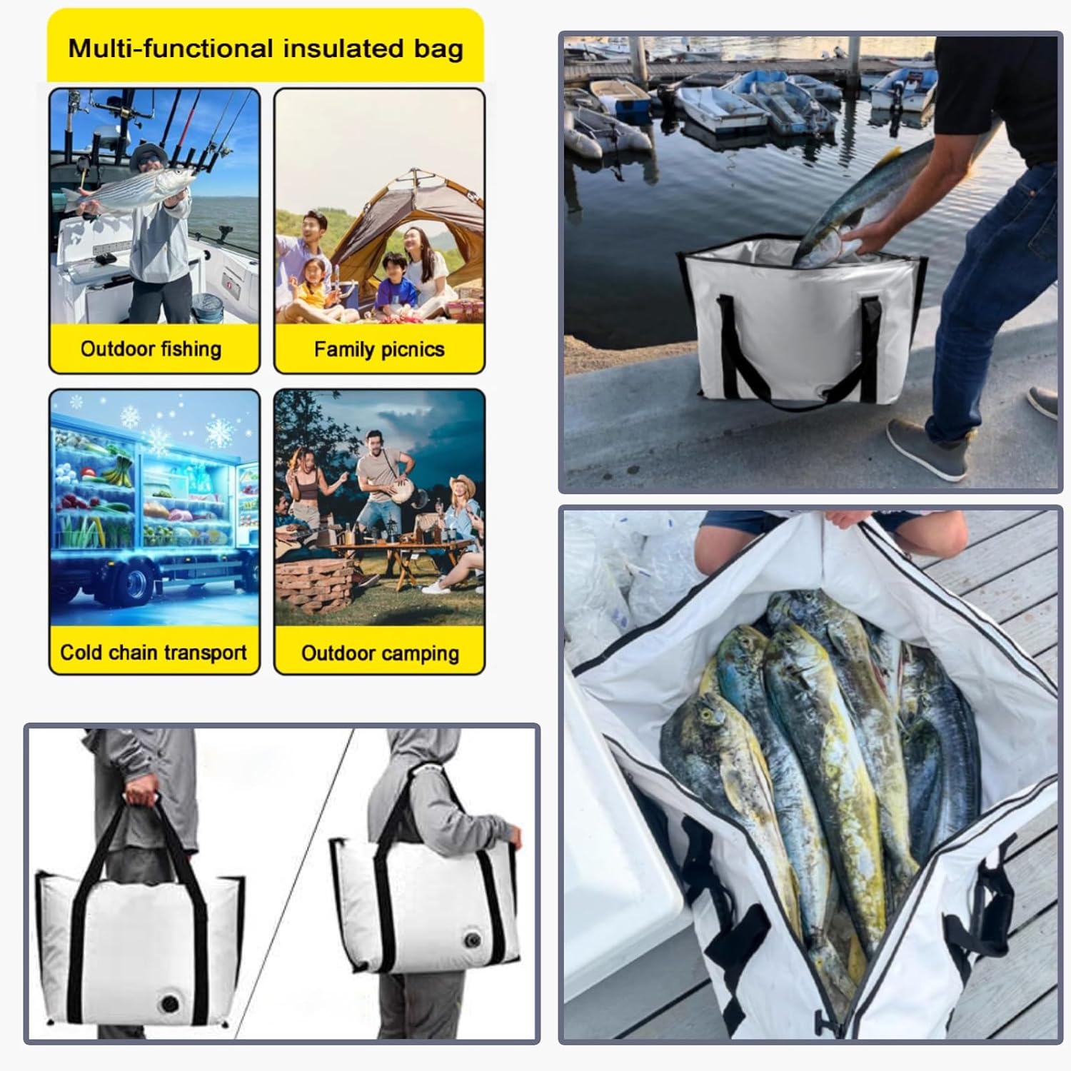 持ち運び 折り畳み 断熱フィッシングクーラーバッグ、絶縁ソフトクーラーボックス、排水バルブ付きキルバッグ キャンプ/釣り用 漏れ防止