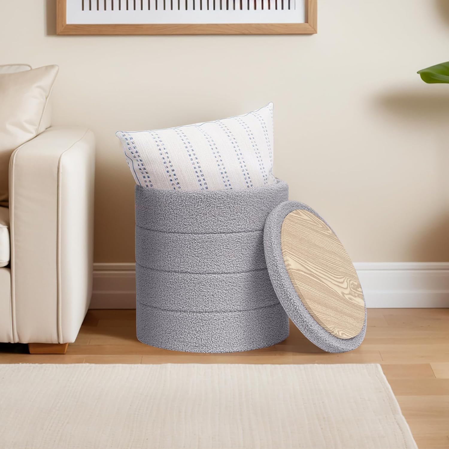 17.7inchs Round Ottoman with Storage, Boucle Ottoman Coffee Table, Foot Rest Footstool for Hallway, Living Room, Bedroom-Grey