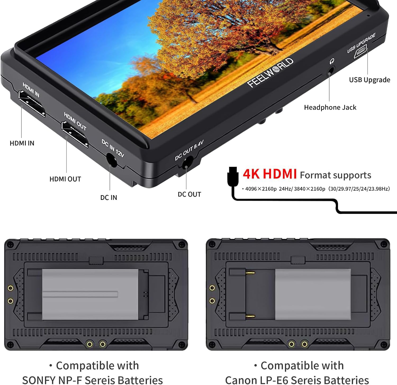 FEELWORLD S55 V2 Monitor da campo per fotocamera DSLR da 5,5 pollici con custodia per il trasporto della batteria Bundle Monitor per fotocamera FHD IPS Supporto 4K HDMI Ingresso uscita braccio