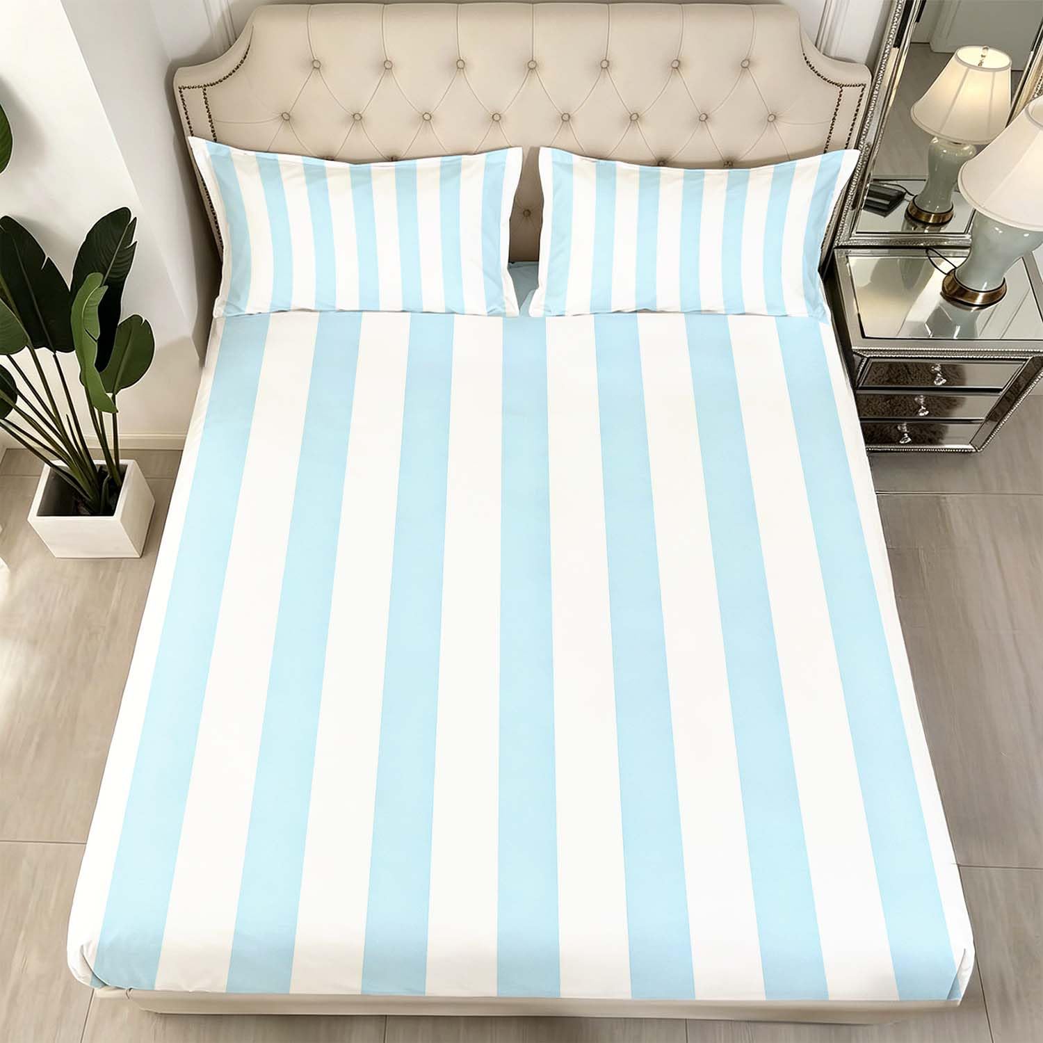 Drap Housse 180x200 cm Rayures Bleues 3D Drap-Housse Rayures Draps Housses Microfibre 2 Personnes avec 2 Taie d'oreillers pour Matelas Épais XCW6118