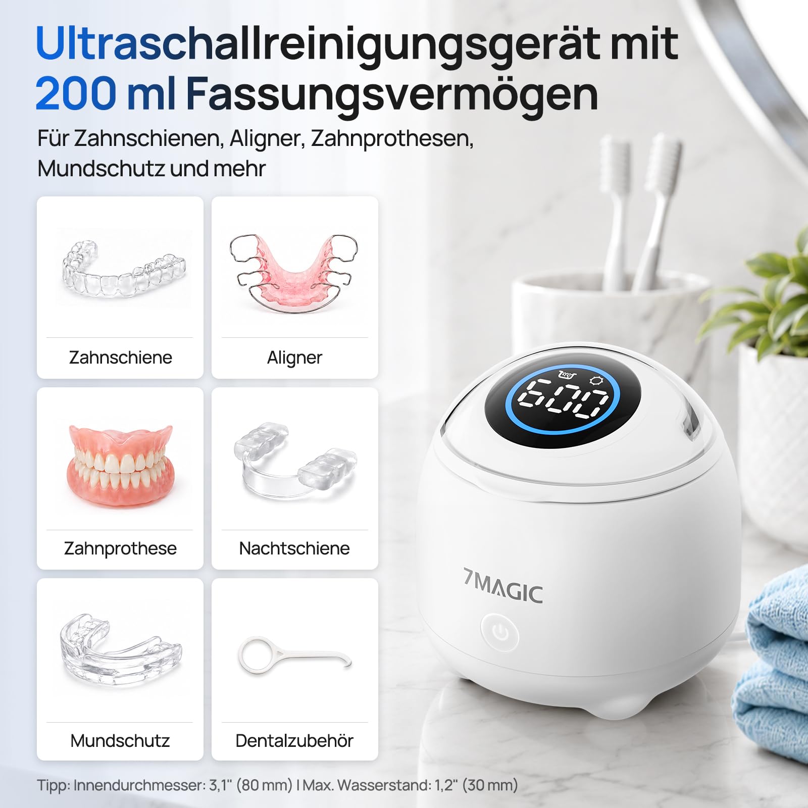 7MAGIC Ultraschallreinigungsgerät für Zahnschienen, 48 kHz, UV-C, Weiß