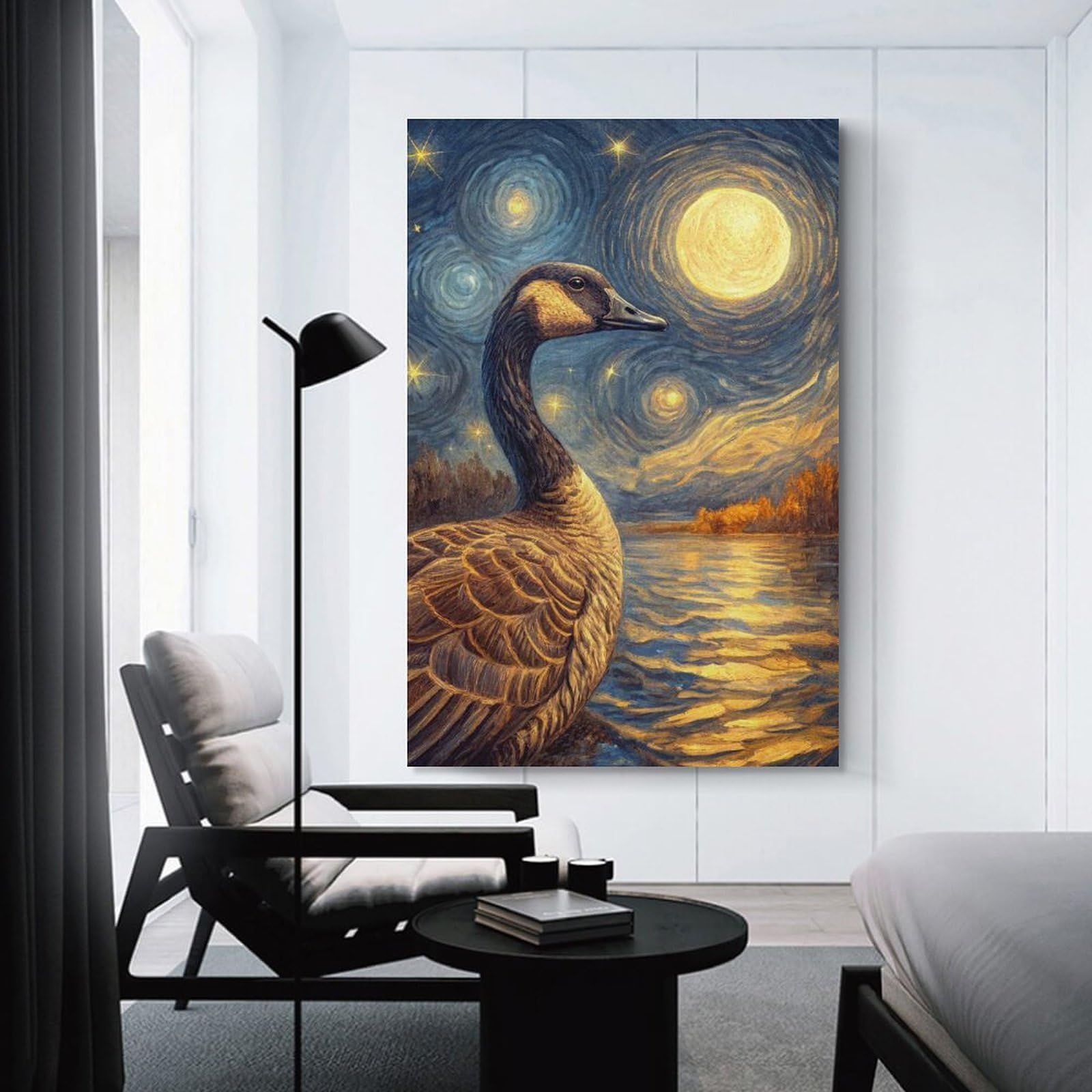 Junmoney Goose Under Starry Night Sky Wall Picture Print 16x24inch(40x60cm), for Bedroom Decor, Cosy Corners Or Studios, Home Artwork with A Soft Interior Feel