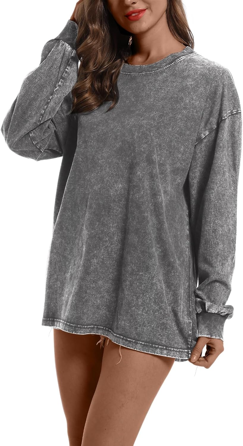 BINTEHGS Crewneck Oversized Long Sleeve Shirts for Women Loose Fit Vintage Acid Wash Tshirt Basic Solid Color Tee Sweatshirt - Image 3