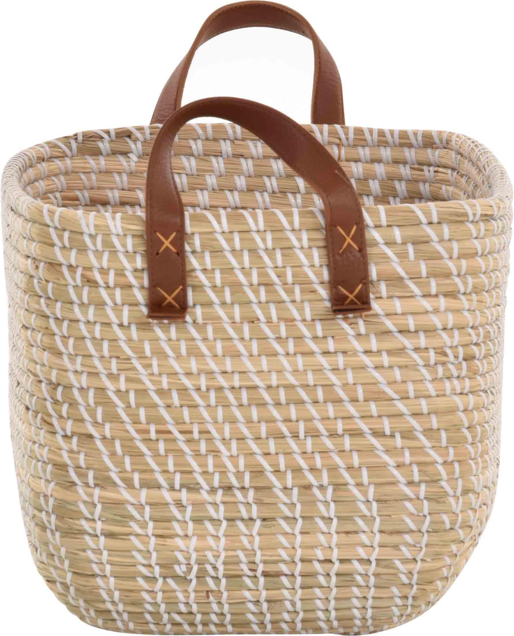 Lot de 2 corbeilles décoratives en jonc de mer faites à la main pour le rangement avec enroulement blanc (naturel clair, lot de 2 carrées (33 x 33 x 29 cm)