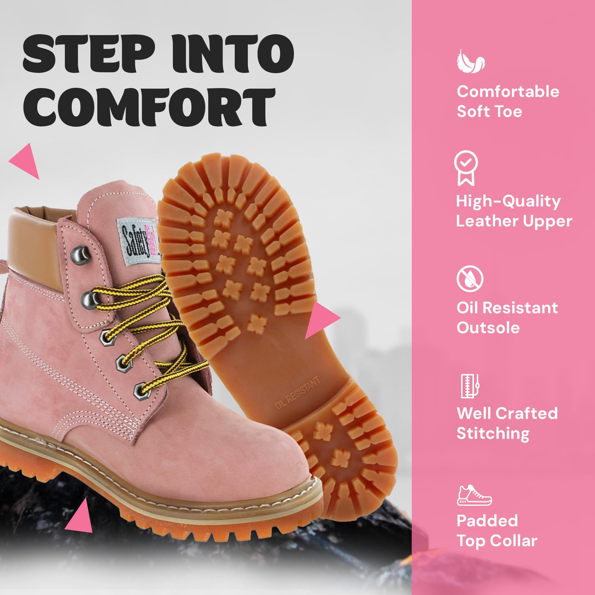 Safety Girl Steel Toe Boots for Women - Light Pink-5W | Water Resistant Work Boots for Women Soft Toe Boots | Slip Resistant Work Shoes | Lightweight Nubuck Leather for Comfort and Style product thumbnail 4