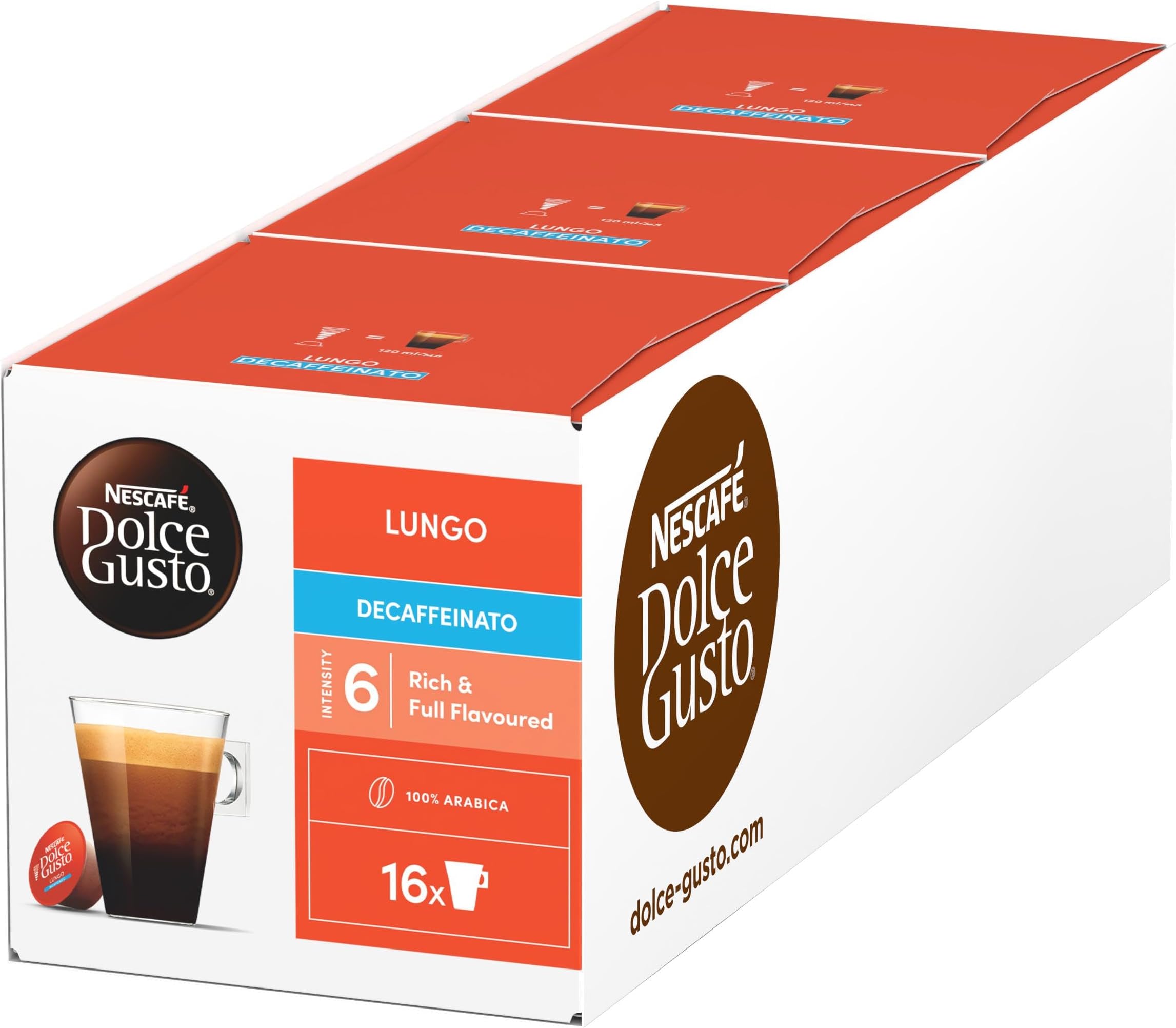 Lungo Decaf Coffee Pods 16 Pods | Multipack of 3 | Decaffeinated lungo coffee; rich full flavour; 100% Arabica beans; responsibly sourced long coffee style