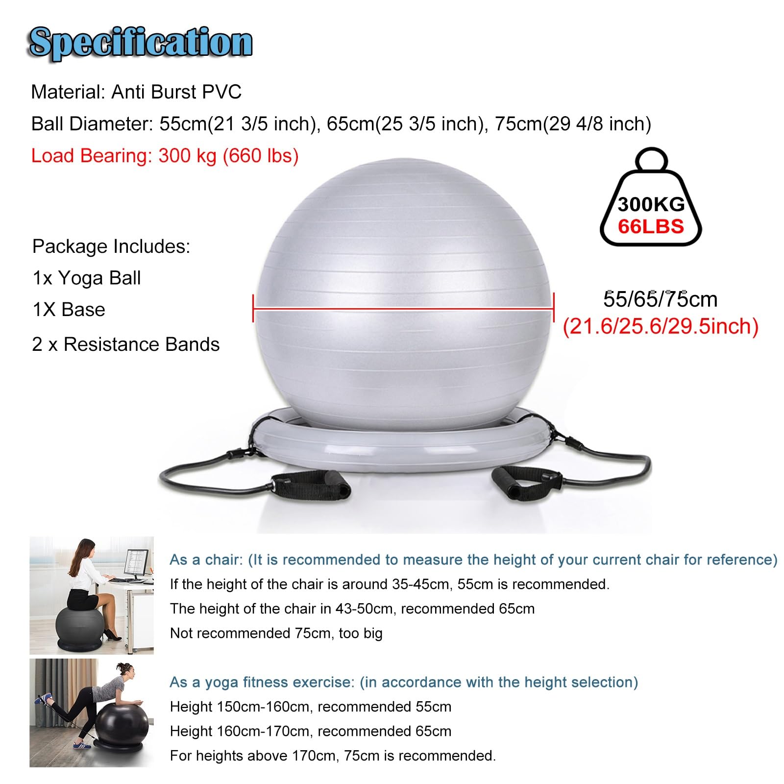 RENLXFI Backless Balance Ball Chair Exercise Stability, 21 25 29 Inch Pregnancy Labor Medicine Ball Chair for Home Gym Office, Gray Exercise Ball Kit with Base & Bands(Diameter 75cm(29 4/8 inch))