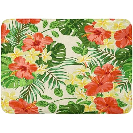 Amazon 玄関マットバスラグアウトドア 屋内ドアマット水彩ハワイアンエキゾチックなパターン熱帯の葉とプルメリア ハイビスカスモンステラパーム黄色のバスルームの装飾ラグバスマット 60x40cm 玄関マット オンライン通販