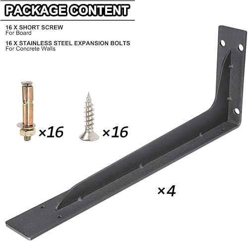 Miniatura 5 de uxcell 4 soportes negros para estantes, 16 pulgadas, soporte de estante de hierro en L, soporte de pared para colgar en la pared para mesa,